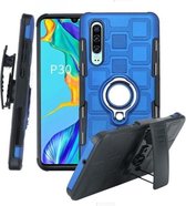 Voor Huawei P30 3 in 1 Cube PC + TPU beschermhoes met 360 graden draaien zilveren ringhouder (blauw)