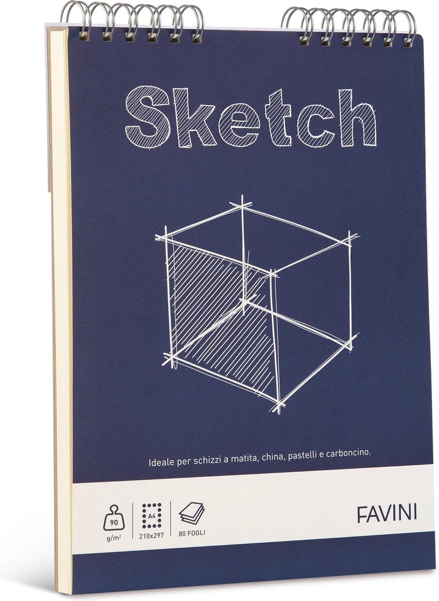 Favini ART Sketch tekenblok grof papier potlood houtskool pastel inkt A4 90 g/m2 80 vel met ringband FAVINI