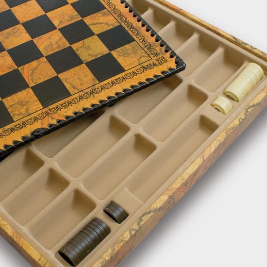 Thumbnail van een extra afbeelding van het spel Schaakbordbox en backgammon - Wereldkaart - 35x35 cm