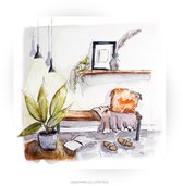illustratie interieur op wenskaart 13,5x13,5cm, illustratie aquarel en fineliner