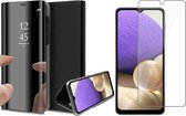 Hoesje geschikt voor Samsung A32 en Screenprotector Spiegel Book Case Cover Hoes Zwart + Screen Protector Glas
