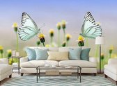 Professioneel Fotobehang Vlinders op bloemstengel - pastel groen - Sticky Decoration - fotobehang - decoratie - woonaccesoires - inclusief gratis hobbymesje - 385 cm breed x 260 cm hoog - in 