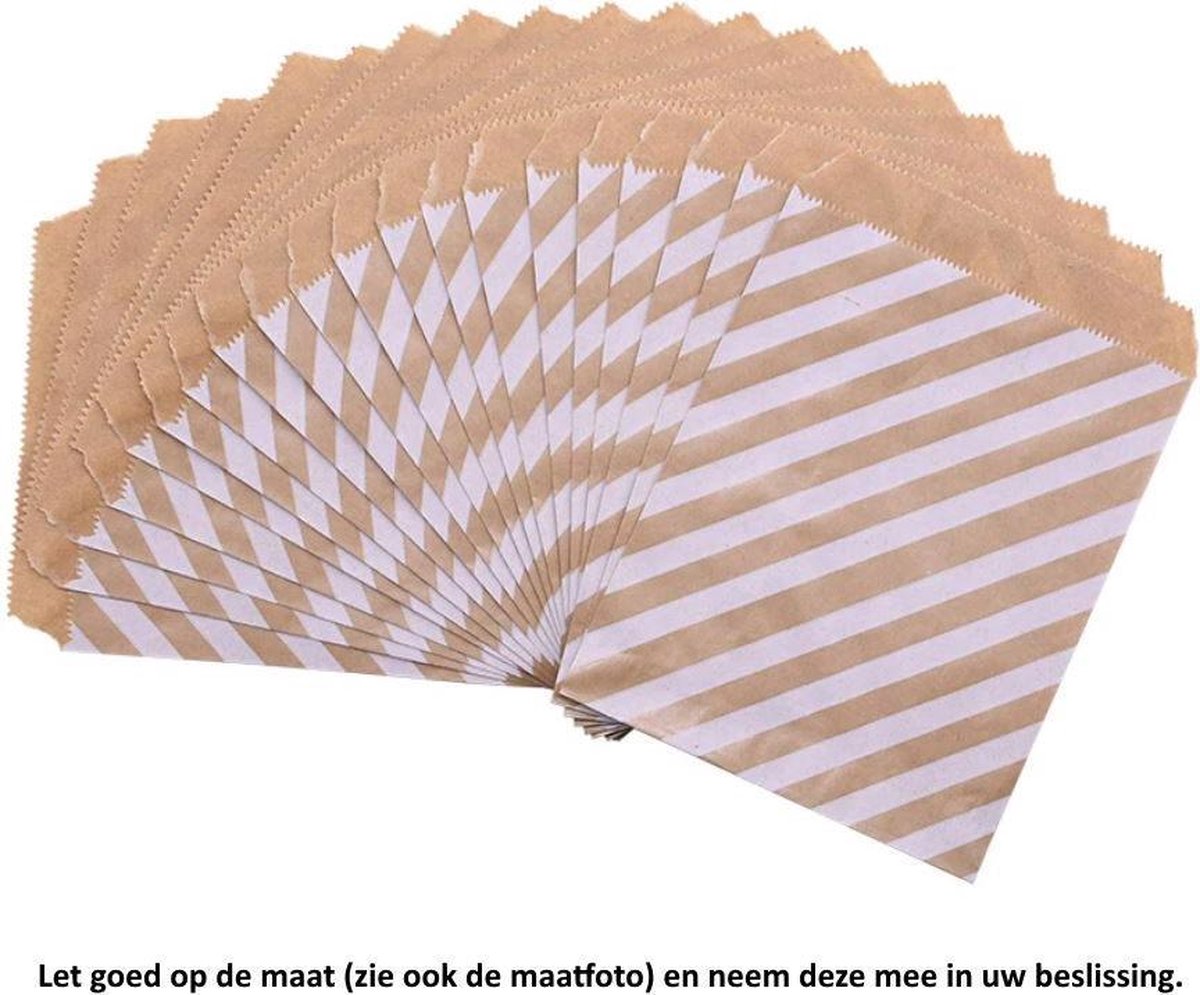 Kraft Papieren Zakjes - Gestreept – 25 Stuks – Bruin – 13 x 18 cm – Gift Bag – Geschenkzakjes – Cadeau – Cadeauzakjes - Fournituren - Traktatie - Snoep - Koek - Beter voor het milieu