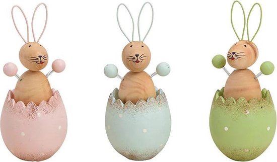 Set van drie konijnen uit ei van hout - Paasdecoratie - roze, blauw en groen