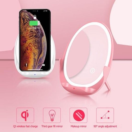 3-in-1 Make-up spiegel met draadloze oplader – 10W Qi charger – met ingebouwde LED-verlichting