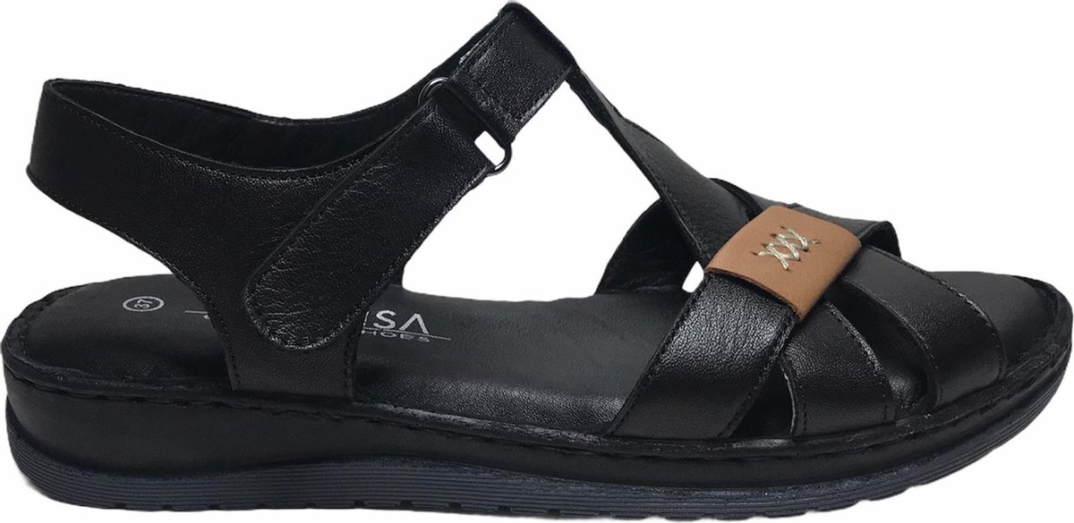 Manlisa velcro 3 kruisjes platte lederen comfort sandalen S147-20-1725 zwart