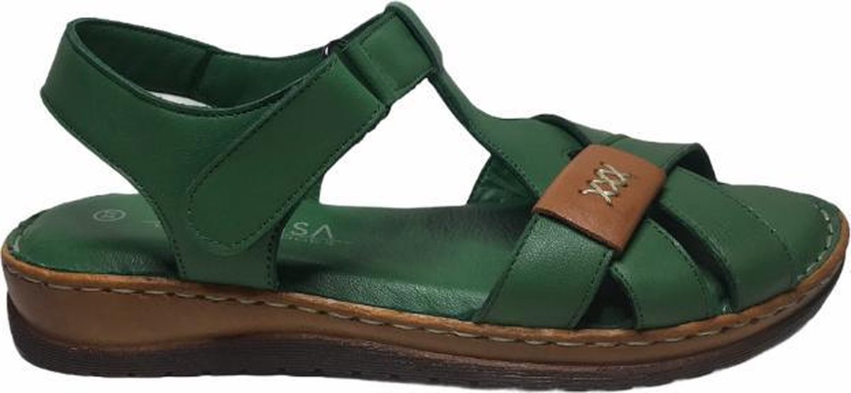 Manlisa velcro 3 kruisjes platte lederen comfort sandalen S147-20-1725 groen