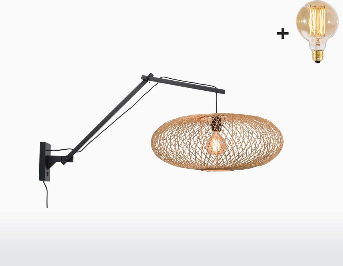 Wandlamp met Lange Arm - CANGO - Zwart Bamboe - Naturel Kap (60x25cm) - Met LED-lamp