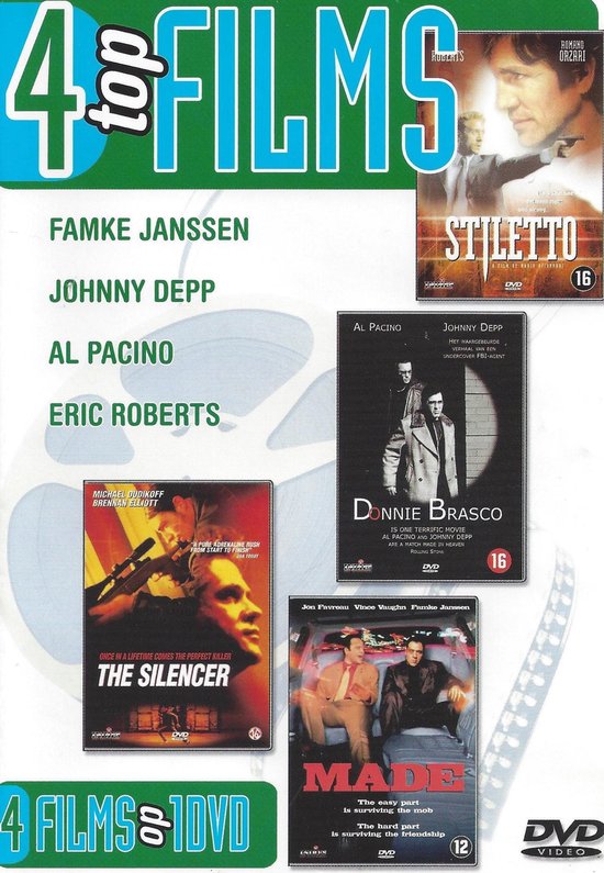 4 Top Films DVD met vier films: Stiletto, Donnie Brasco, The Silencer en Made. Met acteurs als Famke Janssen, Johnny Depp, Al Pacino, Eric Roberts.