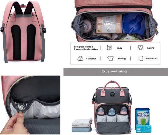 Baby Luiertas waterdicht - Multifuctioneel luiertas 3 In 1 - baby bed 76cm/32cm - Luiertas Grijs/roze - Met Verschoningsmatje - Babyverzorging - Luiertas met babybedje/wieg - Kinderwagen haak - Baby Bedje - luiertas rugzak - luiertas verzorgingstas van Paily — afbeelding 4