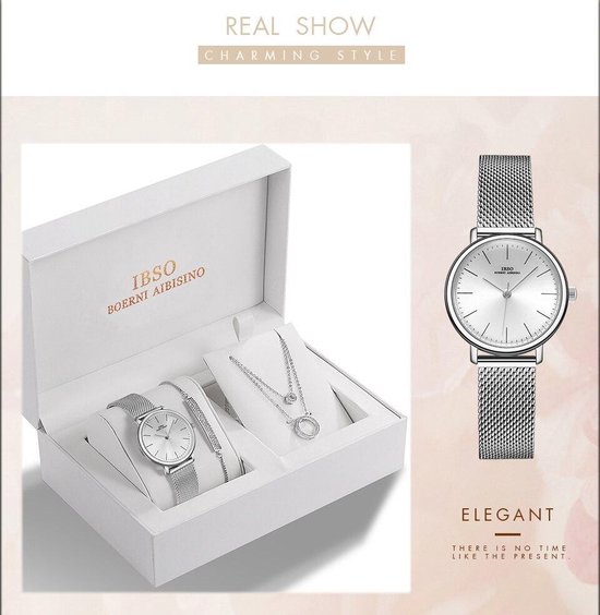 Boerni Aibisino Horloge, Armband en Ketting Zilver luxe geschenk set luxe geschenk set | Crystal glass | Premium kwaliteit uurwerk Quartz Japan | Mineraal | Geschenk | Fashion | Elegant | Dames | Vrouw | Moederdag