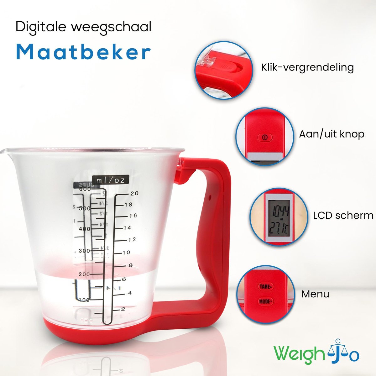 pomp tempo reactie Maatbeker Weegschaal Keukenweegschaal Digitaal Maatkan - Rood - Tot 600 ML  | bol.com