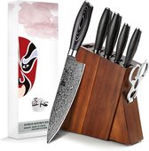 Ensemble de 7 Couteaux de cuisine de Luxe et professionnels en acier damas (67 couches, VG10) et manches en bois Pakka - avec bloc de couteaux en bois d'acacia - B20 Ya
