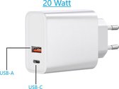 20W USB-C iPhone & iPad oplader - USB-C power adapter 20W - USB A & USB C Adapter 20Watt - USB A en USB C Oplaadstekker 20 Watt - USB A en USB C oplaadblok 20 Watt - Geschikt voor alle appara