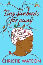Boekomslag van 'Tiny Sunbirds Far Away' met de titel en auteur, en een illustratie van een profiel van een bruin gezicht met witte tulband, versierd met kleurrijke kleine zonnevogels.