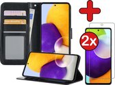 Samsung A52 Hoesje Book Case Met 2x Screenprotector - Samsung Galaxy A52 Hoesje Wallet Case Portemonnee Hoes Cover - Zwart