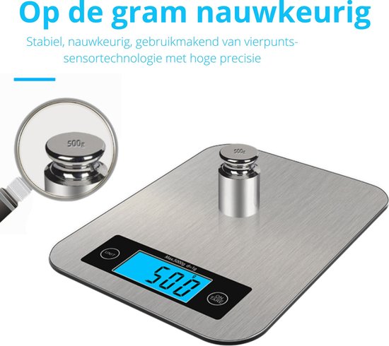 Digitale Precisie Keuken Weegschaal - 1gr tot 10 kg - Met Tarra Functie - Elektrisch - Inclusief Batterijen – RVS - Productloft
