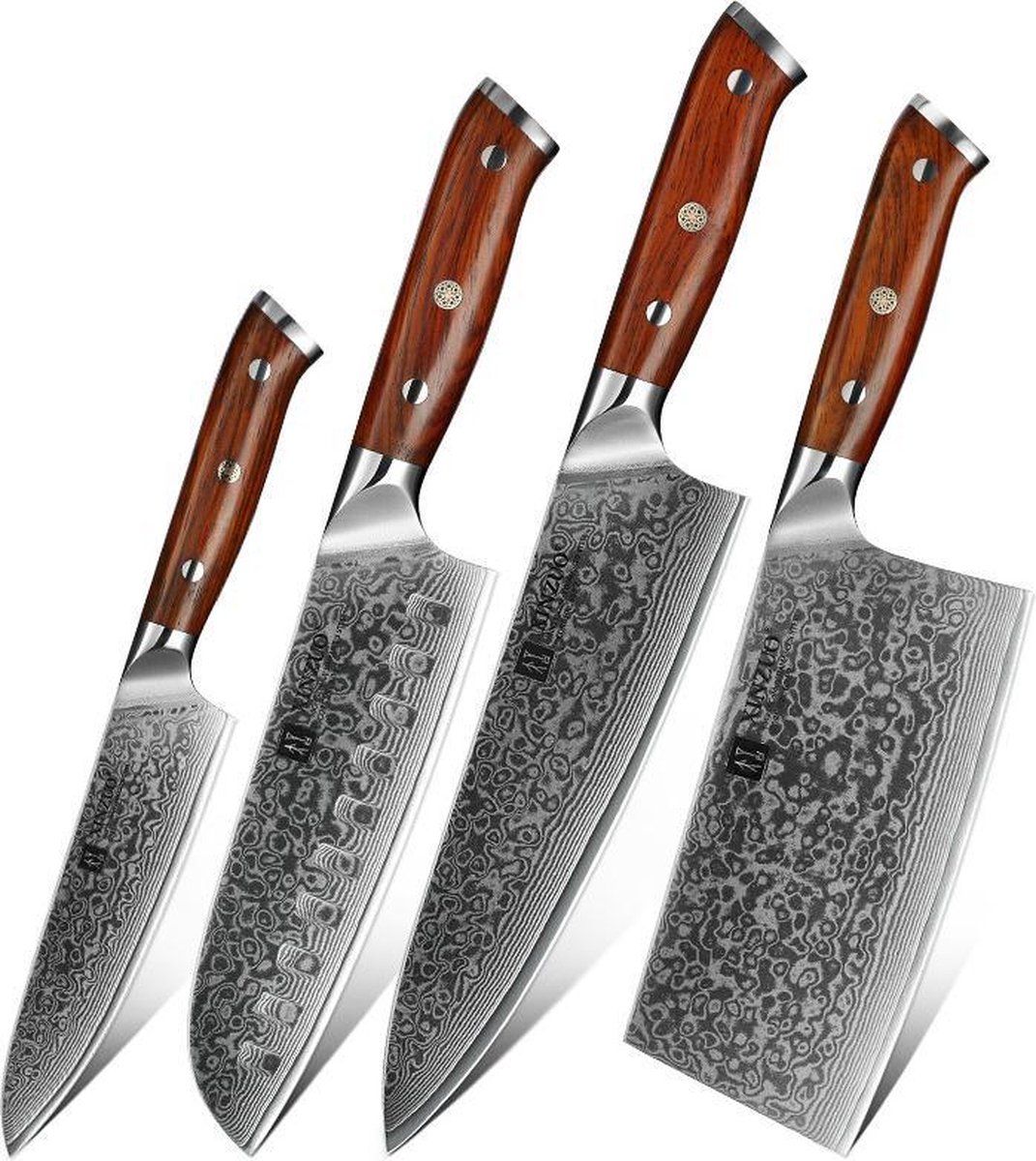Luxe en Professionele 4-delige Keukenmessen-set van Damascus Staal (67 lagen VG10) en Rozenhouten handgrepen| Xinzuo B13 Yu | Koksmes + Hakmes + Santokumes + Groentemes