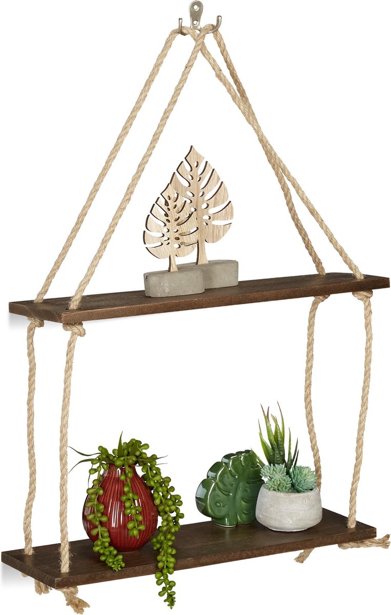 relaxdays wandplank hout vintage - 2 etages - wandrek met touw - keukenrek - wandboard