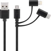 Valueline 8-pins Lightning, Micro USB en USB-C naar USB-A combi-kabel - USB2.0 - tot 3A / zwart - 1 meter