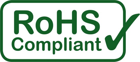 Groen 'RoHS Compliant' logo met een vinkje.