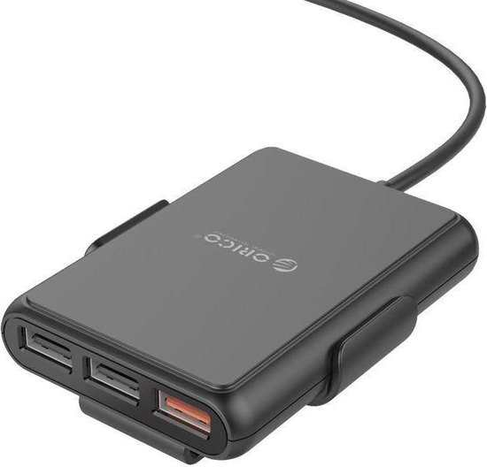 Orico - Autolader met 5 USB 3.0 laadpoorten waarvan 1 met Quick Charge 3.0 – Incl. clip om aan de rugleuning te bevestigen – Intelligente Chip – DC12-24V – 52W – Zwart