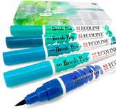 Talens Ecoline Brushpen Set met 5 Pennen (Groen/Blauw) +  een handige Zipperbag + 2 x A4 Ecoline/aquarelblok + Basis Boekje Brush/Handlettering