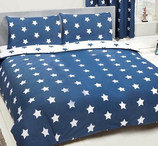 2-persoons dekbedovertrek donkerblauw / navy blauw met witte sterren / sterretjes / stars tweepersoons 200 x 200 cm (kinderkamer / slaapkamer / beddengoed)