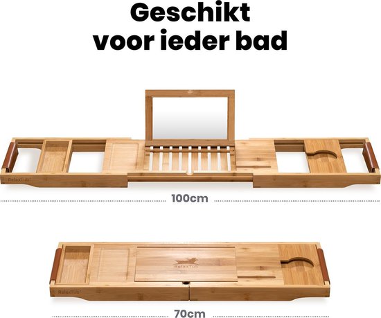 Afmetingen van de bamboe badplank, 100cm uitgeschoven en 70cm ingeschoven.