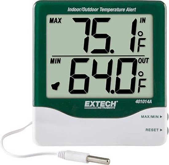 Extech 401014A - thermometer - display - binnen- en buitentemperatuur -  grote aflezing - alarm