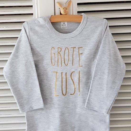 Shirt grote zus | lange mouw |grijs met goud | maat 80 zwangerschap aankondiging big sis sister