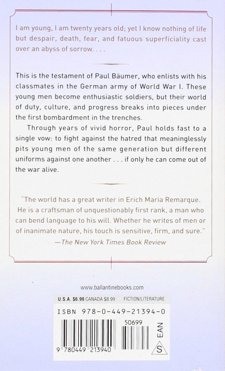 Achterkant van het boek 'All Quiet on the Western Front' met tekst over het verhaal en recensies.