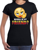 Funny emoticon t-shirt Wanna be my friend zwart dames XS