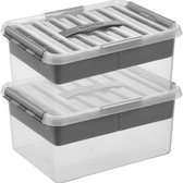 2x Sunware Q-Line opberg boxen/opbergdozen met vakverdeling/vakken tray 15 liter 40 x 30 x 18 cm kunststof - Gereedschapskist - Opslagbox - Opbergbak kunststof transparant/zilver