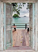 Tuindoek doorkijk - 95x130 cm - openslaande deuren naar Thaïs vlonder terras - tuin decoratie - tuinposter - tuinposters buiten - tuinschilderij