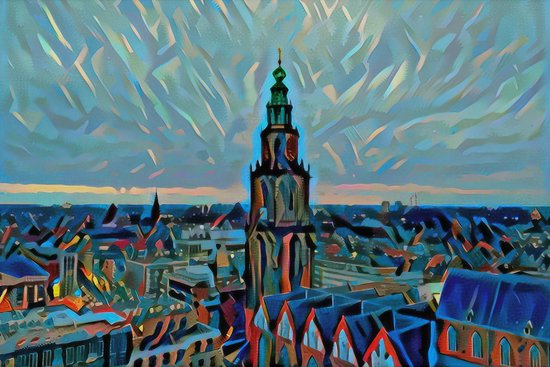 Schilderij Groningen skyline met Martinitoren - Aluminium, 60x40