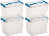 4x Sunware Q-Line opberg boxen/opbergdozen 9 liter 30 x 20 x 22 cm kunststof - Opslagbox - Opbergbak kunststof transparant/blauw