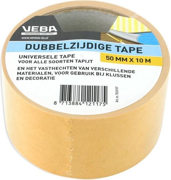 Dubbelzijdige tape / tapijttape - 50 mm x 10 m - Bruin - Universeel - Dubbelzijdig tapijt plakband - Merkloos
