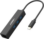 A-KONIC© USB-C Naar Ethernet Lan Netwerk Adapter & 3X USB 3.0 | USB C To Internet RJ45 Poort + 3 USB 3.0 poorten | 10/100/1000 Mbps | Apple Macbook Pro | Dell XPS | Lenovo | Samsun