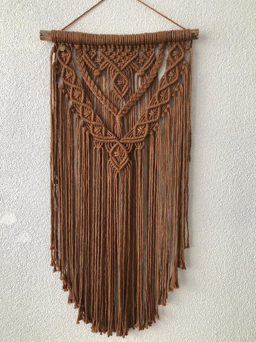 Muurdecoratie - macrame - macramé - 152 donker oker - handgemaakt - knopen - touw - wanddecoratie, wandkleed