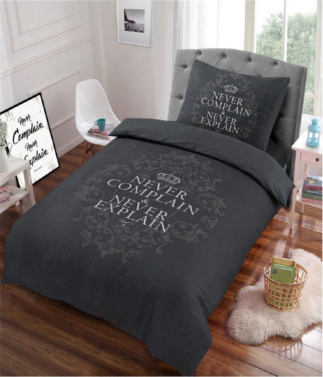 Cotton Club Dekbedovertrek Never Complain Grey/Antraciet - 1 Persoons - 140x200/220 cm + 1 kussenslo 60 x 70 cm