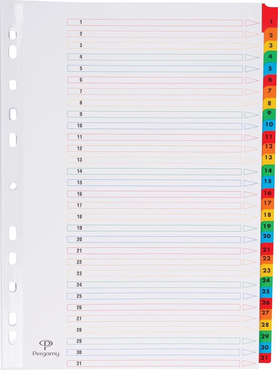 Pergamy tabbladen met indexblad, ft A4, 11-gaatsperforatie, geassorteerde kleuren, set 1-31