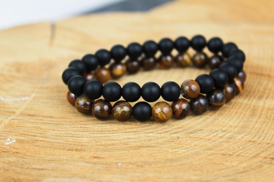 AWEMOZ® Natuursteen Armbanden - Contrast Kralen Armbandjes - Zwart/Bruin