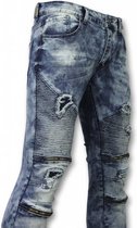 Exclusieve Biker Jeans - Slim Fit Ripped Jeans With Paint Drops - Blauw