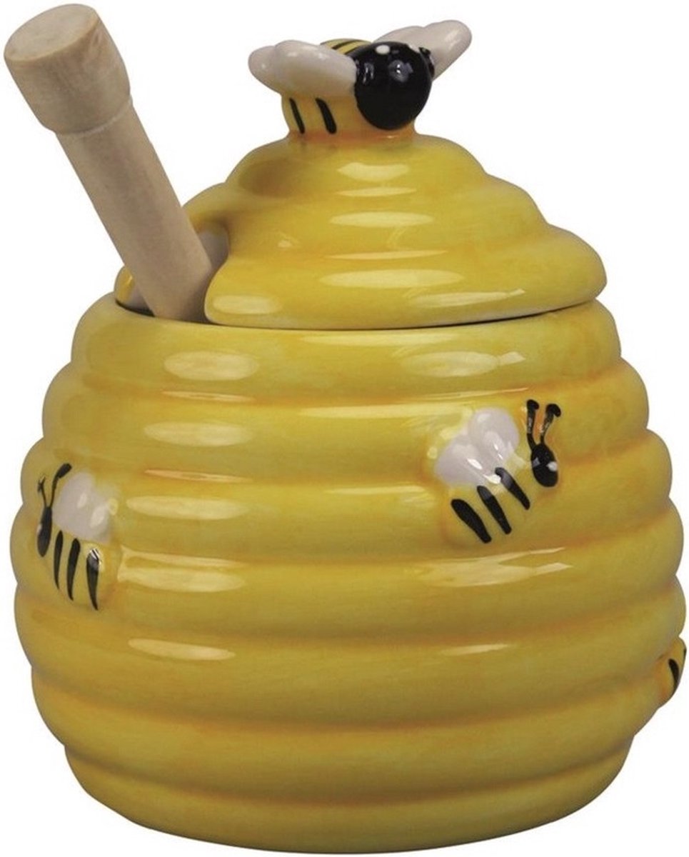 Gele honingpot met honinglepel/stokje 11 cm - Keukengerei/tafelgerei - Thee drinken - Honing potten met 3D bijenmotief - Merkloos