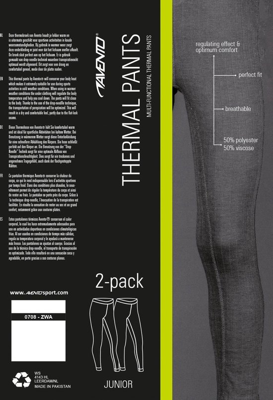 Verpakking met twee zwarte thermobroeken voor kinderen. Bevat informatie over materiaal en pasvorm.