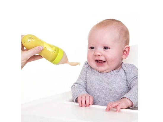 Knijpfles Lepel voor baby`s -Lepel - Silicone - 90 ml Blauw Siliconen Baby Drinkfles - Lepelfles - Antiknoei Drinkfles Met Lepel - Drinkbeker - BPA Vrij van Luvion — afbeelding 4