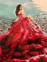 JDBOS ® Peinture par numéros - Femme à la robe rose rouge - Peinture adultes - 40x50 cm