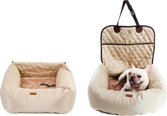 Zeer luxe hondenmand voor in de auto beige - Comfortabel vervoer voor je viervoeter - Honden zitje auto - Autostoel voor hond - Honden mand - Dieren mand - Veilig onderweg - Hondenzitje - Auto bench - Beige - 40x30 cm