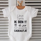 Rompertje met tekst Lieve tante Ik ben dit jaar het mooiste cadeautje | korte mouw | wit zwart | maat 50-56 bekendmaking zwangerschap aanstaande baby jongen meisje unisex